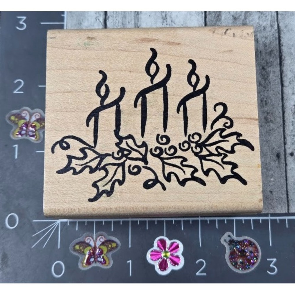 DeNami Design Holiday Candles Trio Holly Leaves 2001 Rubber Stamp Wood #K2